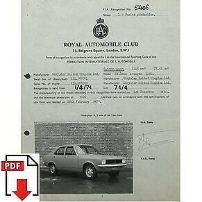 1971 Chrysler Hillman Avenger 1250 FIA homologation form PDF download (RAC)